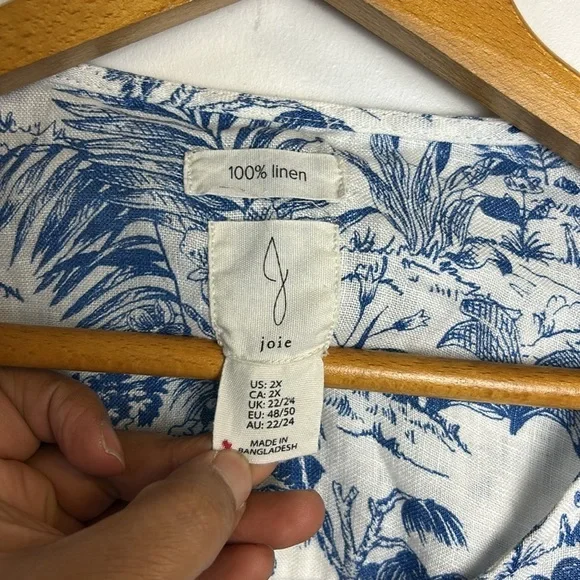 Joie Tunic Top Blouse Size 2X 100% Linen Long 3/4 Sleeve Novelty Print Natural - Picture 6 of 10